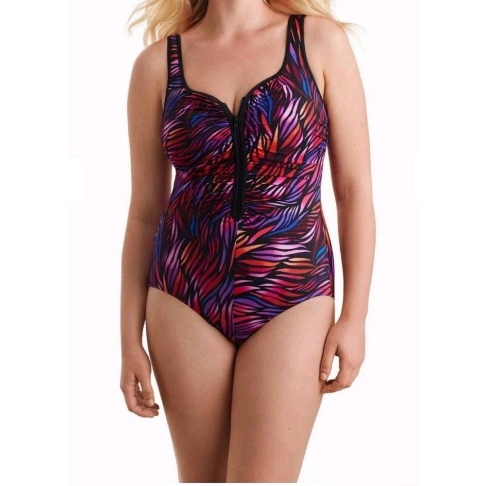 Shape Solver Sport Mimi Flamingo One Piece Swimsuit Women Sz 14 Colorful Zip Up